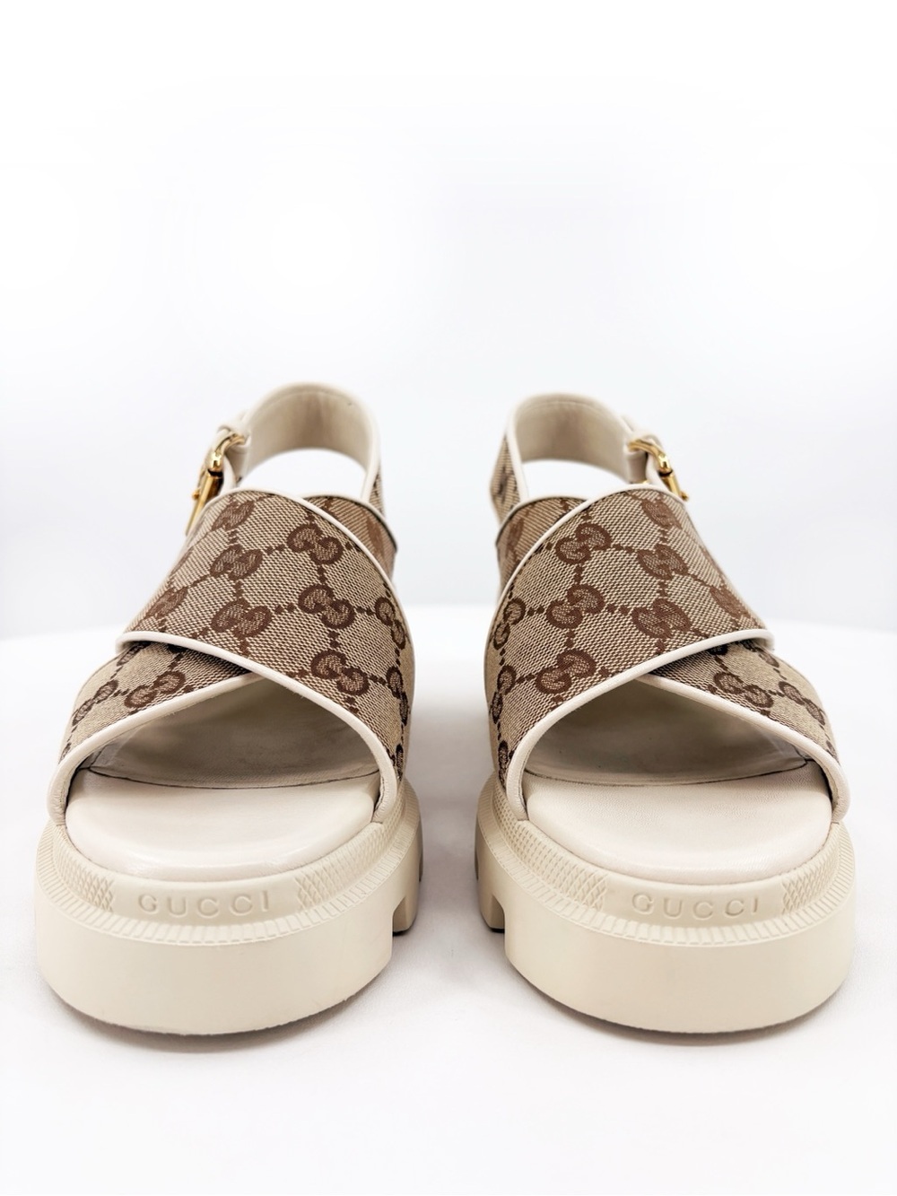 GUCCI GG Supreme Lug Sole Platform Crossover Sandals Cream 38 - Picture 4 of 16